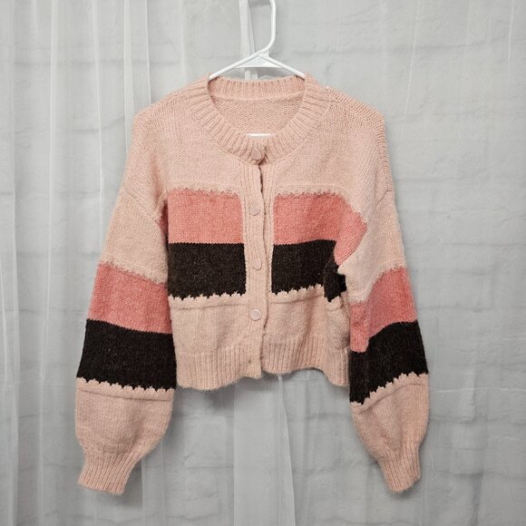 Pink Brown Striped Cardigan Coquette Cottage Boho M - Picture 7 of 10